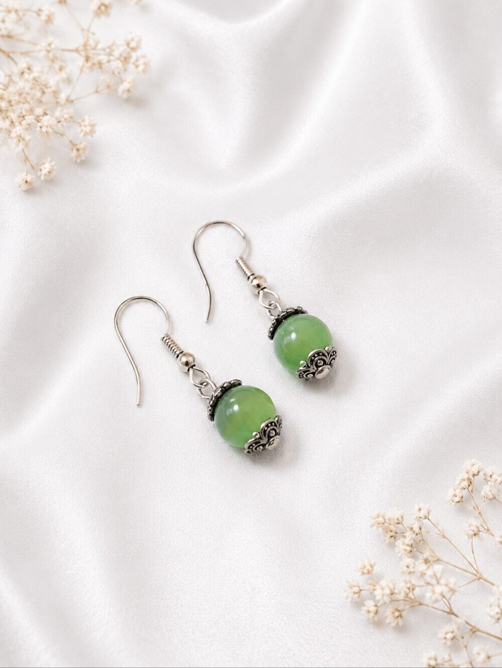 Green Cat's Eye Dangle Earrings | Handmade Green Gemstone Earrings